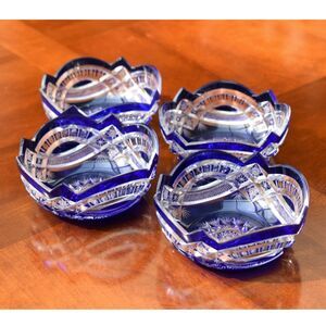 Set of 4 Vintage Bohemian Czech Cobalt Blue Cut to Clear Crystal Bowls - 4.5"